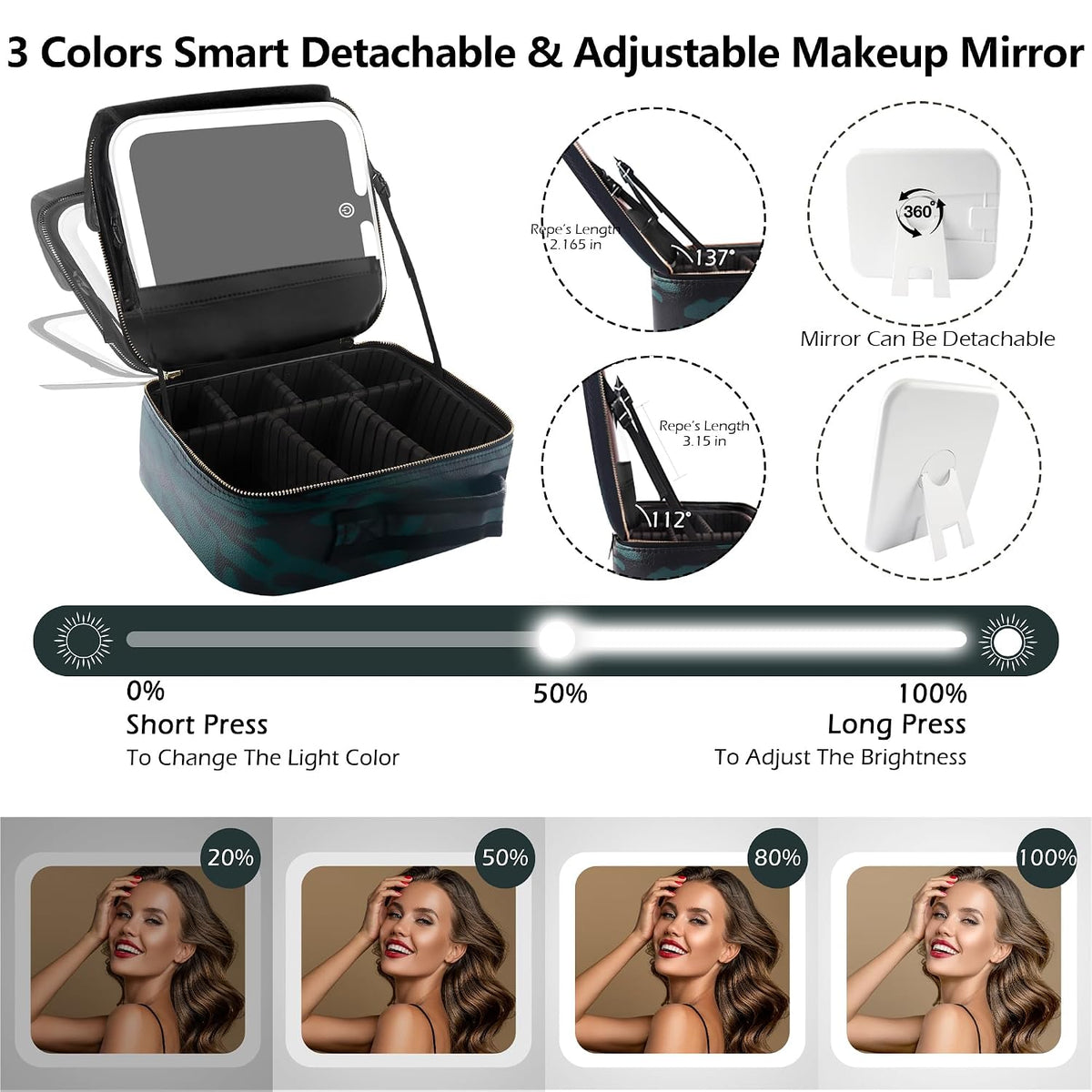 Travel Makeup Bag Cosmetic Bag with Lighted Mirror, Adjustable Brightness in 3 Color Scenarios/Detachable makeup mirror, All-round Upgrade, Waterproof, Gift for Women -Black