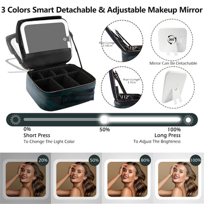 Travel Makeup Bag Cosmetic Bag with Lighted Mirror, Adjustable Brightness in 3 Color Scenarios/Detachable makeup mirror, All-round Upgrade, Waterproof, Gift for Women -Black