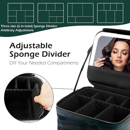 Travel Makeup Bag Cosmetic Bag with Lighted Mirror, Adjustable Brightness in 3 Color Scenarios/Detachable makeup mirror, All-round Upgrade, Waterproof, Gift for Women -Black