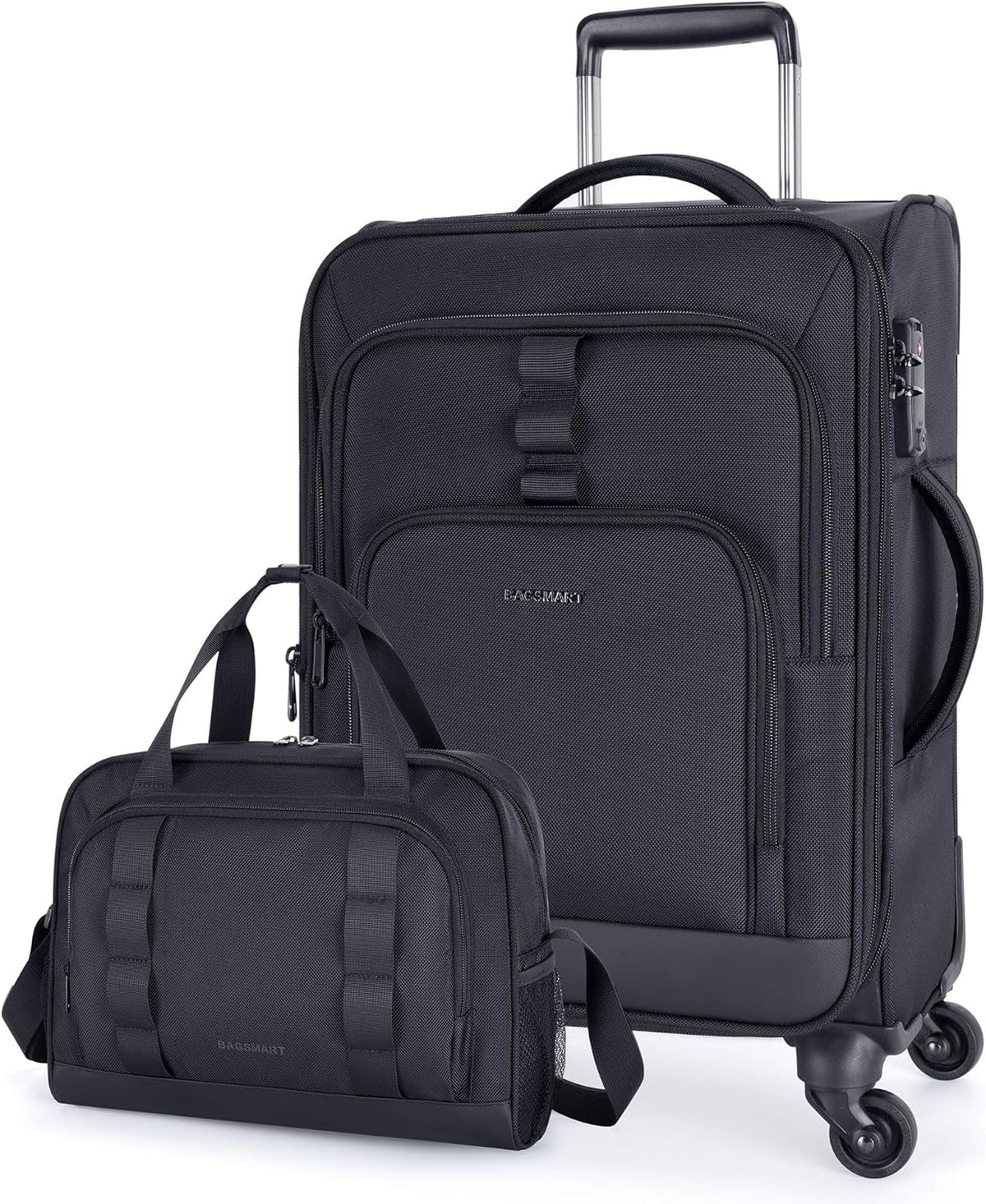 Expandable 20 inch Carry on Luggage Airline Approved, Lightweight Carry on Suitcase with Spinner Wheels, Family Travel Suitcase Set with Duffle Bag-Black