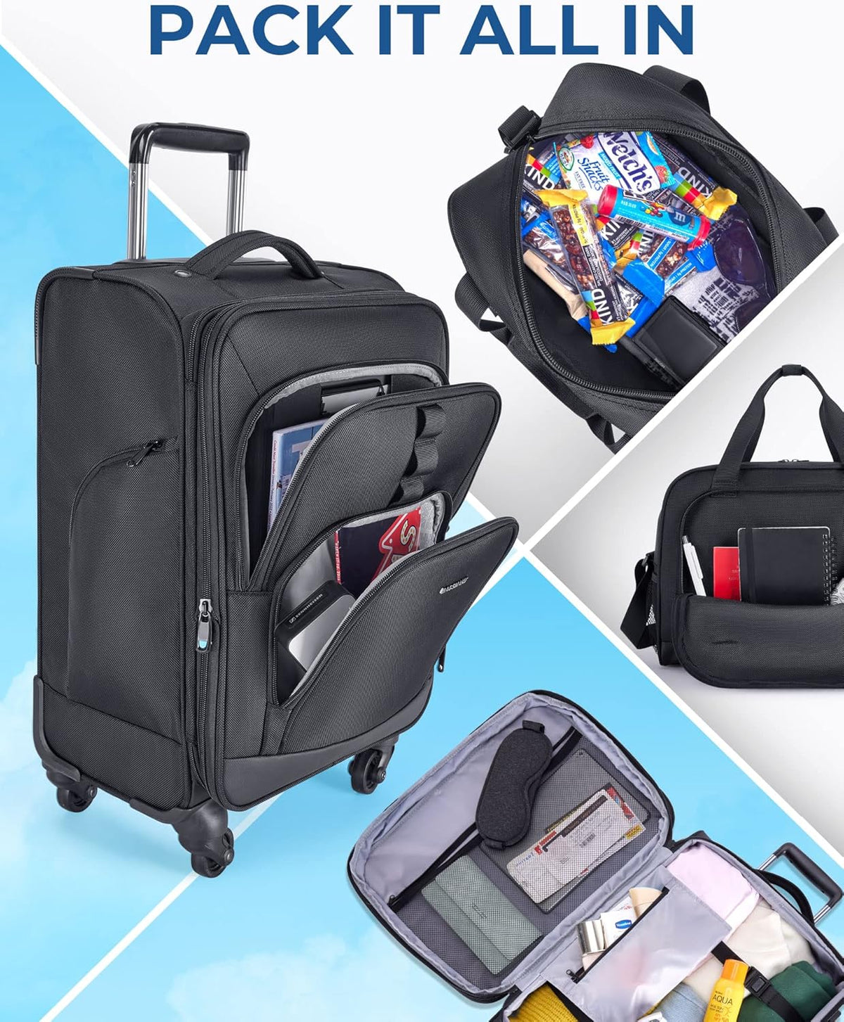 Expandable 20 inch Carry on Luggage Airline Approved, Lightweight Carry on Suitcase with Spinner Wheels, Family Travel Suitcase Set with Duffle Bag-Black