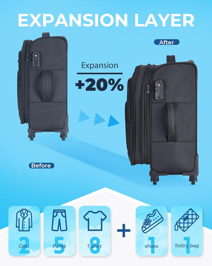 Expandable 20 inch Carry on Luggage Airline Approved, Lightweight Carry on Suitcase with Spinner Wheels, Family Travel Suitcase Set with Duffle Bag-Black