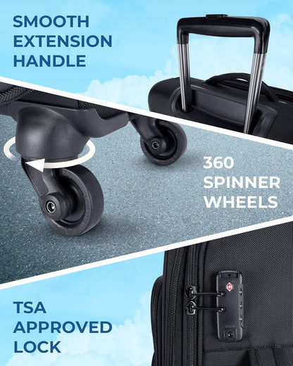Expandable 20 inch Carry on Luggage Airline Approved, Lightweight Carry on Suitcase with Spinner Wheels, Family Travel Suitcase Set with Duffle Bag-Black