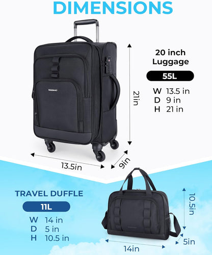 Expandable 20 inch Carry on Luggage Airline Approved, Lightweight Carry on Suitcase with Spinner Wheels, Family Travel Suitcase Set with Duffle Bag-Black