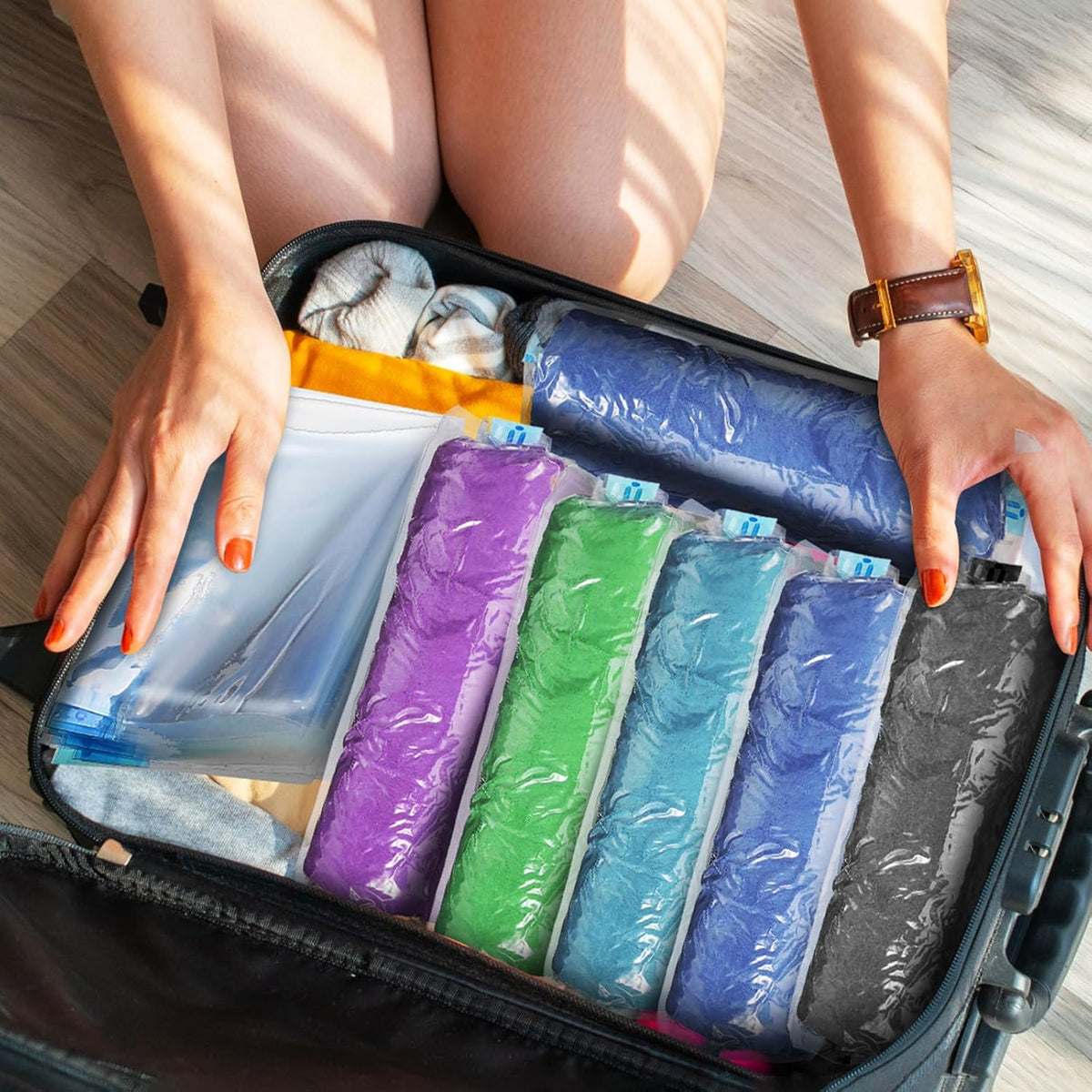 12 Pcs Travel Compression Bags Roll up Air Removal Space Saver Storage Bags Pa Material Hand Roll for Clothes Packing Organizers Luggage Storage