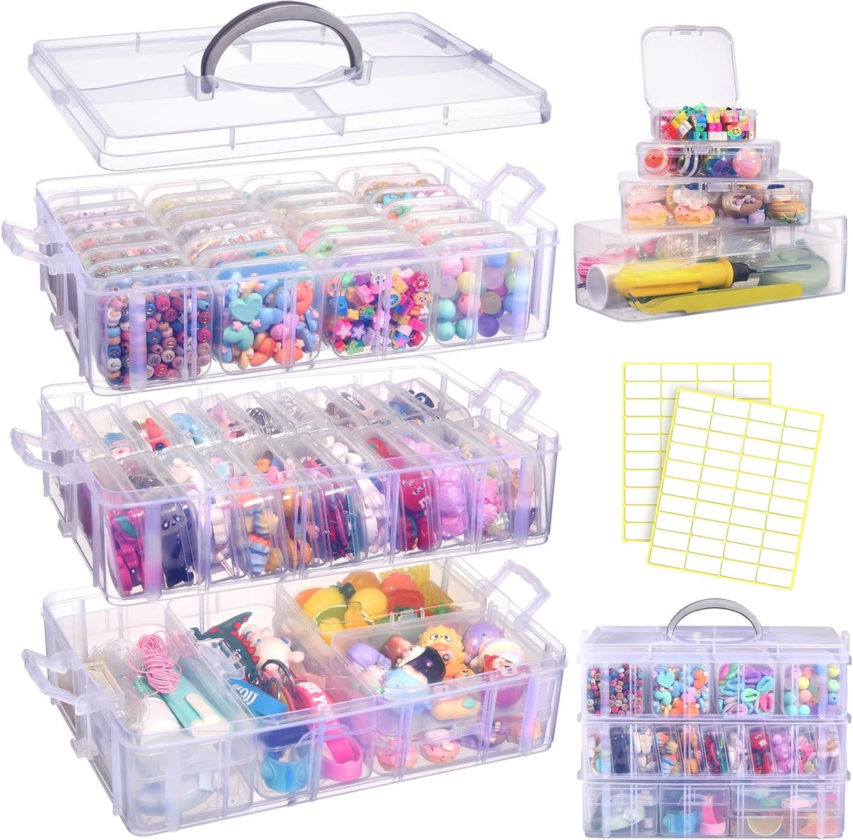 Bead Organizers and Storage, 56 Pcs Small Plastic Containers with Lids and 3-Tier Stackable Storage Box, Mini Clear Organizers for Jewelry Toys Craft Storage (4 Sizes)
