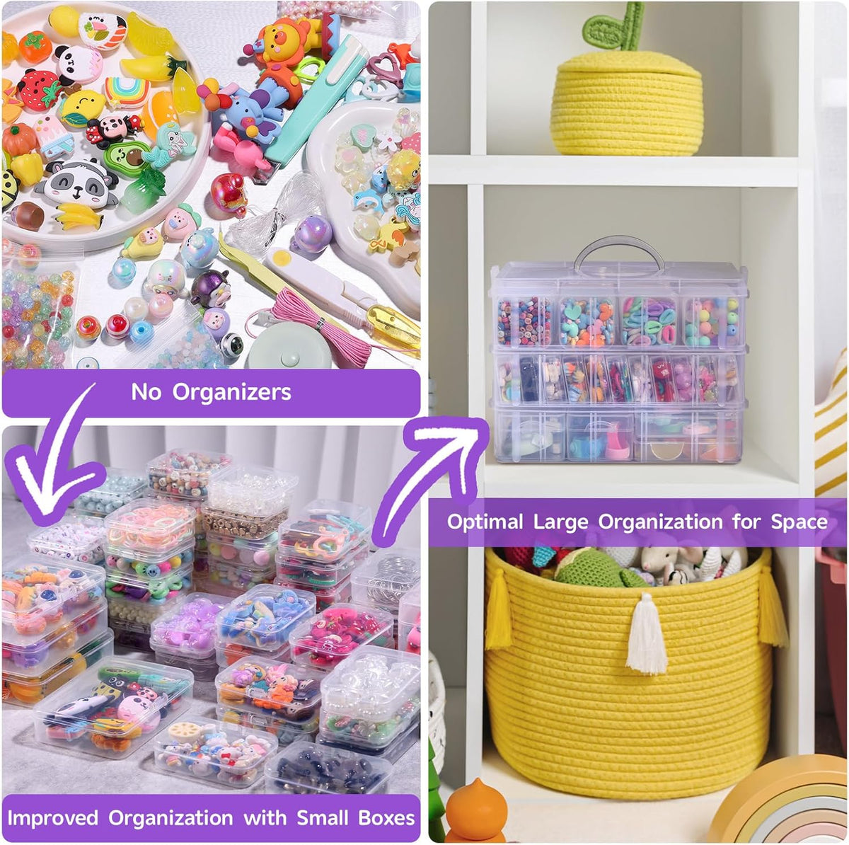 Bead Organizers and Storage, 56 Pcs Small Plastic Containers with Lids and 3-Tier Stackable Storage Box, Mini Clear Organizers for Jewelry Toys Craft Storage (4 Sizes)