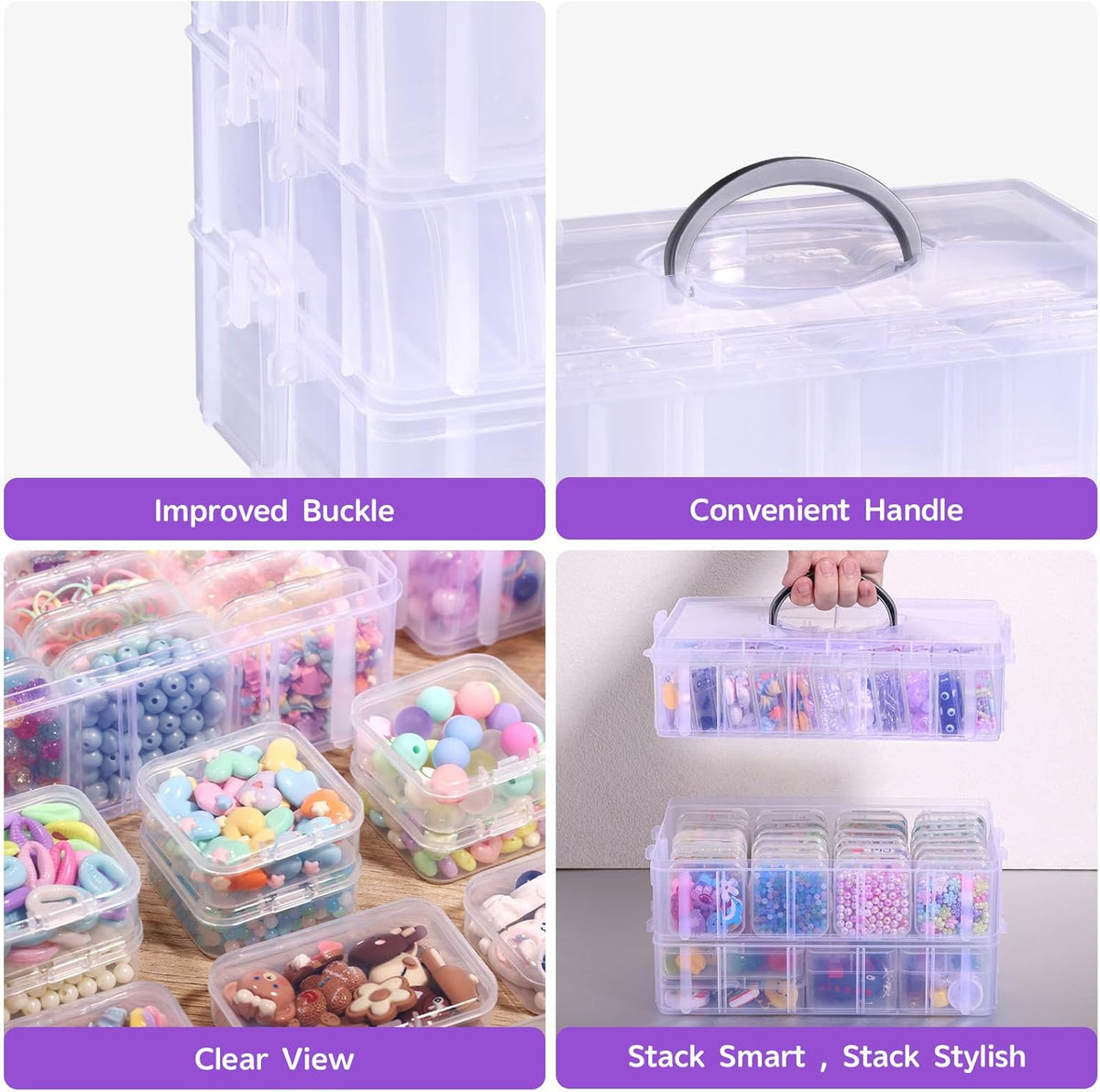 Bead Organizers and Storage, 56 Pcs Small Plastic Containers with Lids and 3-Tier Stackable Storage Box, Mini Clear Organizers for Jewelry Toys Craft Storage (4 Sizes)