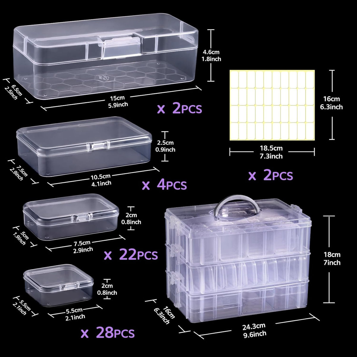 Bead Organizers and Storage, 56 Pcs Small Plastic Containers with Lids and 3-Tier Stackable Storage Box, Mini Clear Organizers for Jewelry Toys Craft Storage (4 Sizes)