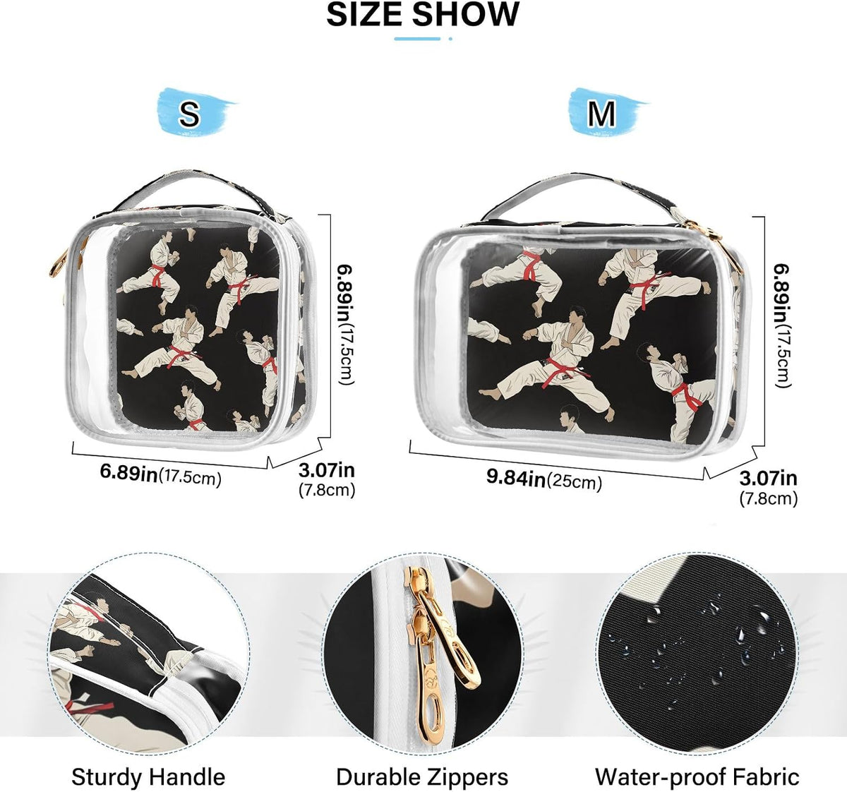 Karate Black Toiletry Bag Travel Makeup Organizer Cosmetic Bags Clear Pouch Waterproof with Handle for Men Women