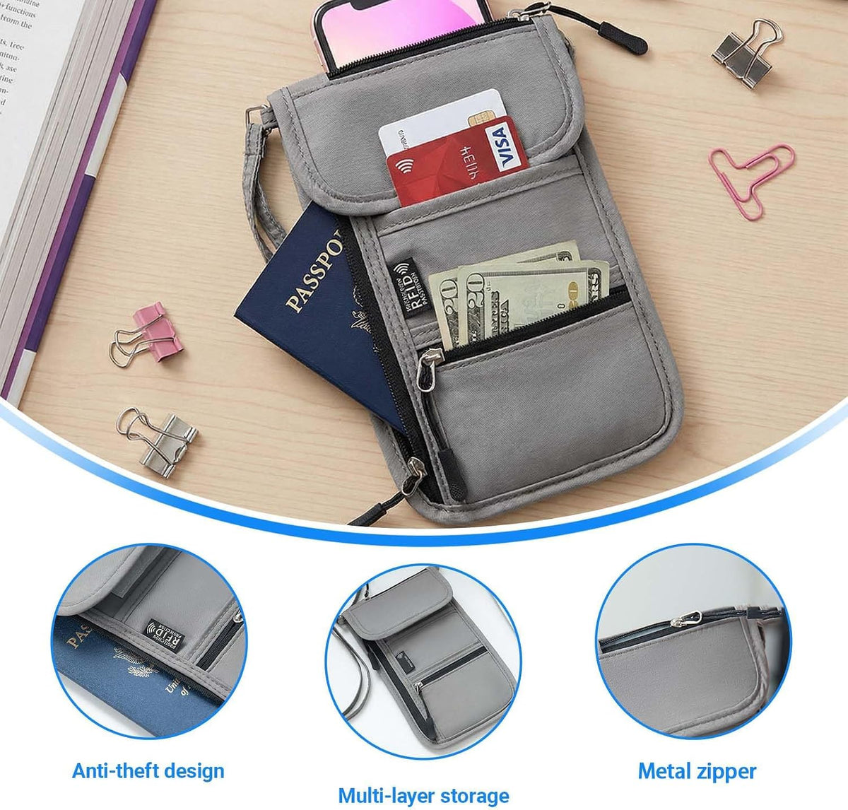 Neck Wallet RFID Blocking Passport Holder | Travel Document Organizer for Cash,Cards,Credit