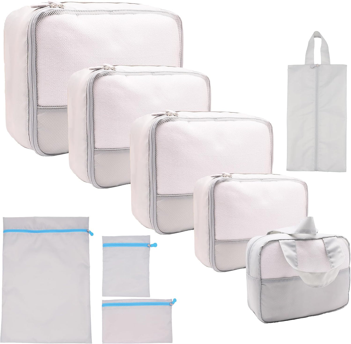9-Piece Gray Travel Organizer Set with 4 Packing Cubes, Cosmetic Organizer, Shoe & Electronics Pouches, and Accessories & Laundry Bag for Luggage Storage & Travel Essentials