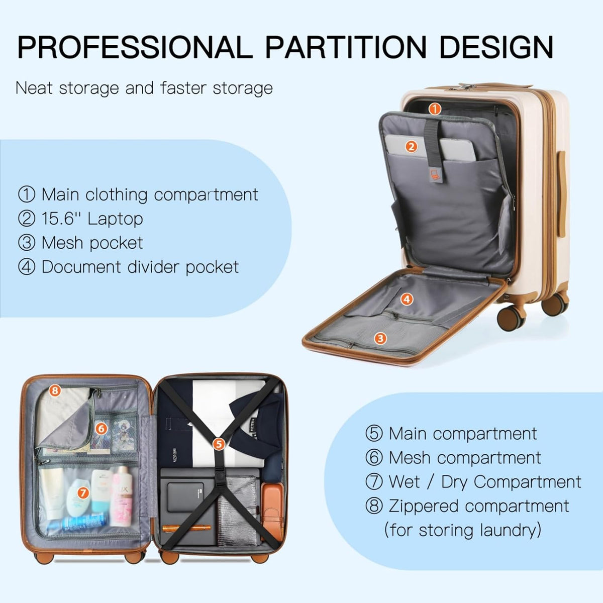 20 Inch Carry On Luggage, Hard shell Suitcases with Wheels | Airline Approved, Lightweight Polycarbonate, Expandable, 4 Spinner Wheels, TSA Lock, Suitcase with laptop Compartment