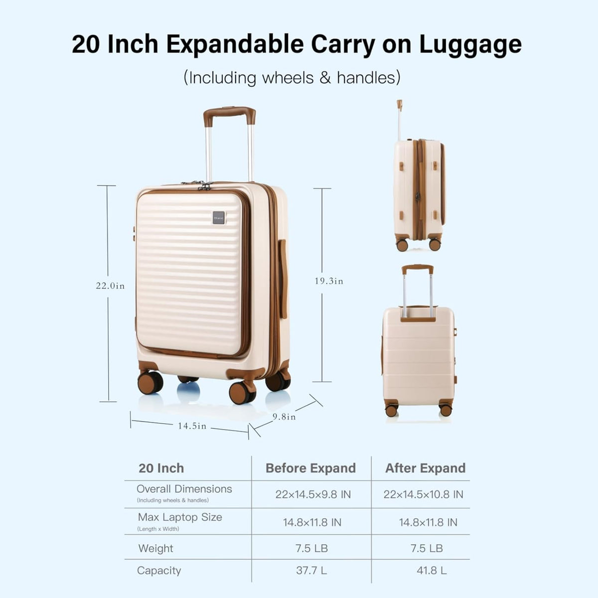 20 Inch Carry On Luggage, Hard shell Suitcases with Wheels | Airline Approved, Lightweight Polycarbonate, Expandable, 4 Spinner Wheels, TSA Lock, Suitcase with laptop Compartment