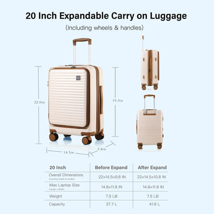 20 Inch Carry On Luggage, Hard shell Suitcases with Wheels | Airline Approved, Lightweight Polycarbonate, Expandable, 4 Spinner Wheels, TSA Lock, Suitcase with laptop Compartment