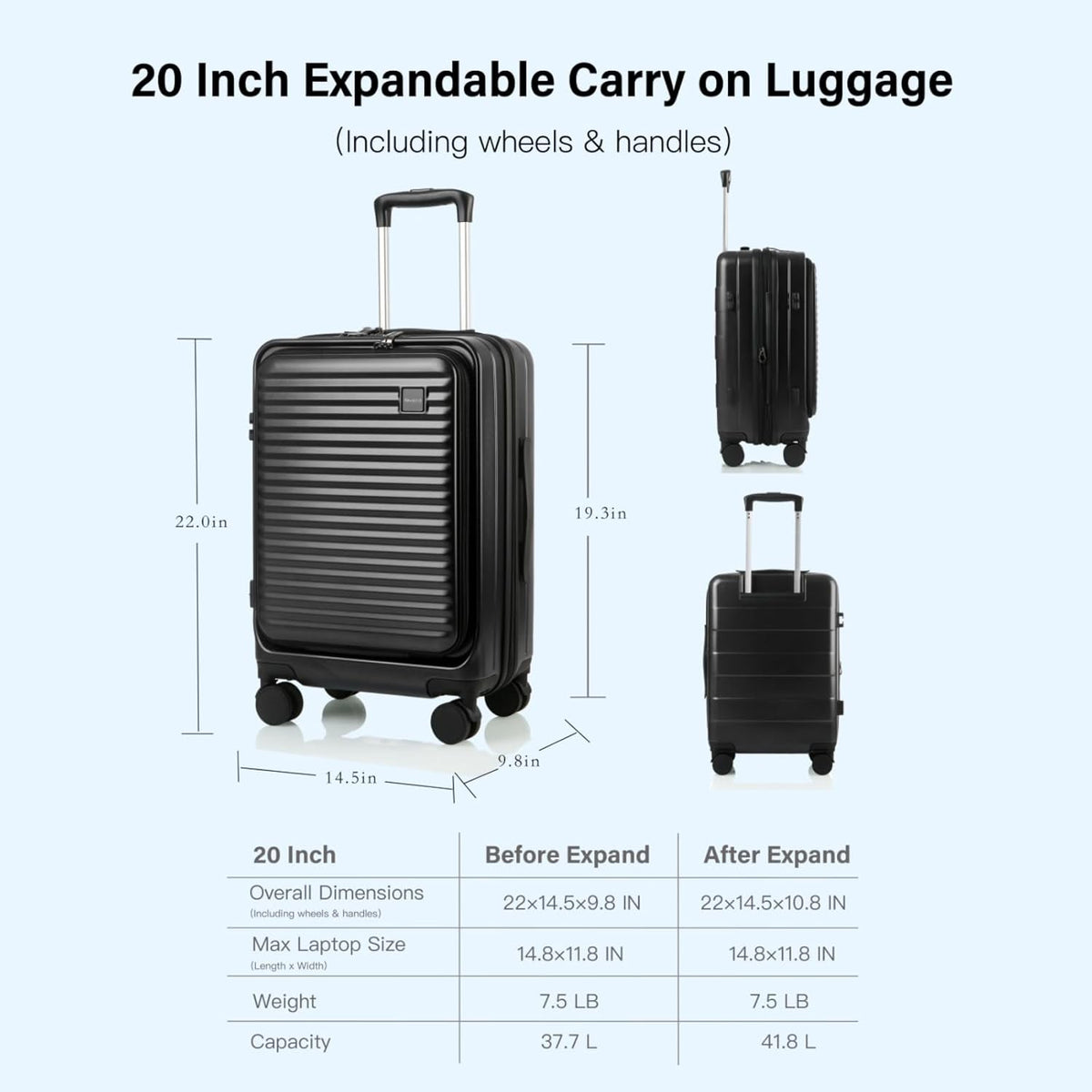 20 Inch Carry On Luggage, Hard shell Suitcases with Wheels | Airline Approved, Lightweight Polycarbonate, Expandable, 4 Spinner Wheels, TSA Lock, Suitcase with laptop Compartment