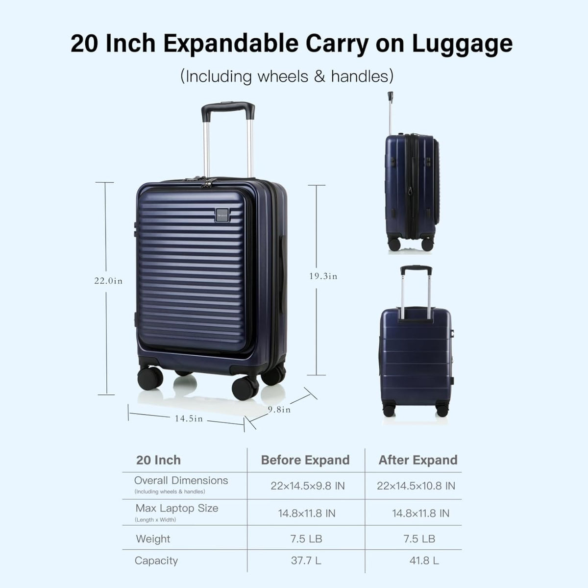 20 Inch Carry On Luggage, Hard shell Suitcases with Wheels | Airline Approved, Lightweight Polycarbonate, Expandable, 4 Spinner Wheels, TSA Lock, Suitcase with laptop Compartment