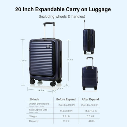 20 Inch Carry On Luggage, Hard shell Suitcases with Wheels | Airline Approved, Lightweight Polycarbonate, Expandable, 4 Spinner Wheels, TSA Lock, Suitcase with laptop Compartment