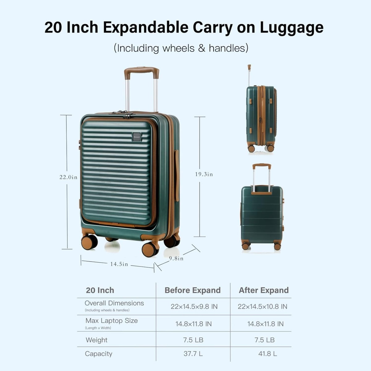 20 Inch Carry On Luggage, Hard shell Suitcases with Wheels | Airline Approved, Lightweight Polycarbonate, Expandable, 4 Spinner Wheels, TSA Lock, Suitcase with laptop Compartment