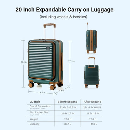20 Inch Carry On Luggage, Hard shell Suitcases with Wheels | Airline Approved, Lightweight Polycarbonate, Expandable, 4 Spinner Wheels, TSA Lock, Suitcase with laptop Compartment