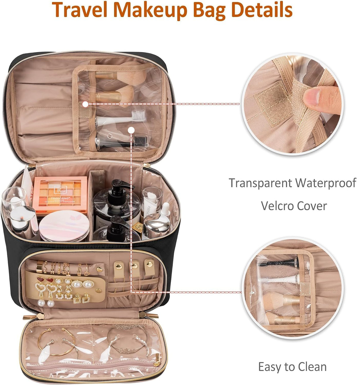 Travel Makeup Bag with Jewelry Organizer, Large Cosmetic Case, Waterproof Toiletry Bag for Cosmetics, Brushes, and Tools, Pink