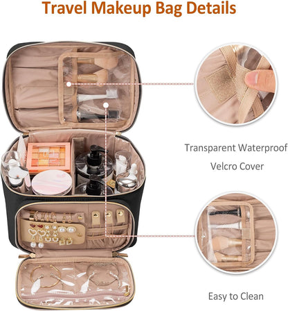 Travel Makeup Bag with Jewelry Organizer, Large Cosmetic Case, Waterproof Toiletry Bag for Cosmetics, Brushes, and Tools, Pink
