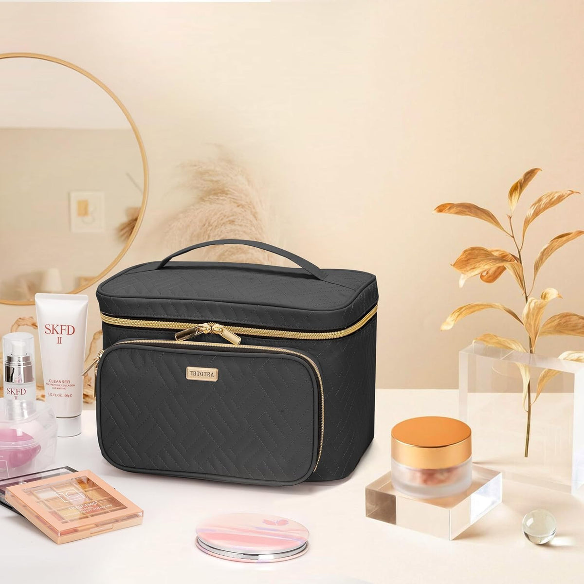 Travel Makeup Bag with Jewelry Organizer, Large Cosmetic Case, Waterproof Toiletry Bag for Cosmetics, Brushes, and Tools, Pink
