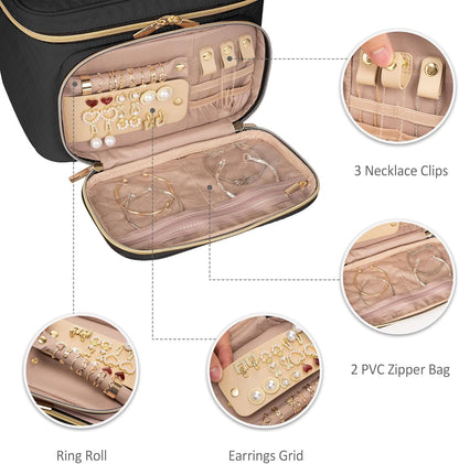Travel Makeup Bag with Jewelry Organizer, Large Cosmetic Case, Waterproof Toiletry Bag for Cosmetics, Brushes, and Tools, Pink