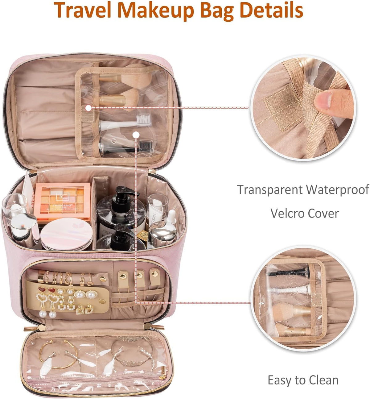 Travel Makeup Bag with Jewelry Organizer, Large Cosmetic Case, Waterproof Toiletry Bag for Cosmetics, Brushes, and Tools, Pink