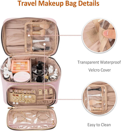 Travel Makeup Bag with Jewelry Organizer, Large Cosmetic Case, Waterproof Toiletry Bag for Cosmetics, Brushes, and Tools, Pink