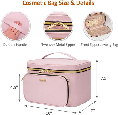 Travel Makeup Bag with Jewelry Organizer, Large Cosmetic Case, Waterproof Toiletry Bag for Cosmetics, Brushes, and Tools, Pink