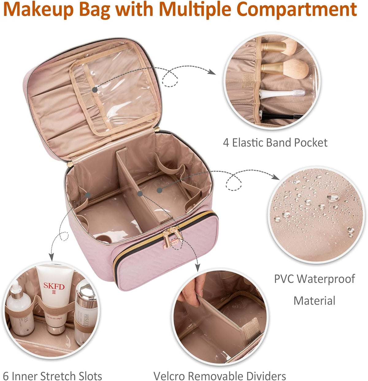 Travel Makeup Bag with Jewelry Organizer, Large Cosmetic Case, Waterproof Toiletry Bag for Cosmetics, Brushes, and Tools, Pink