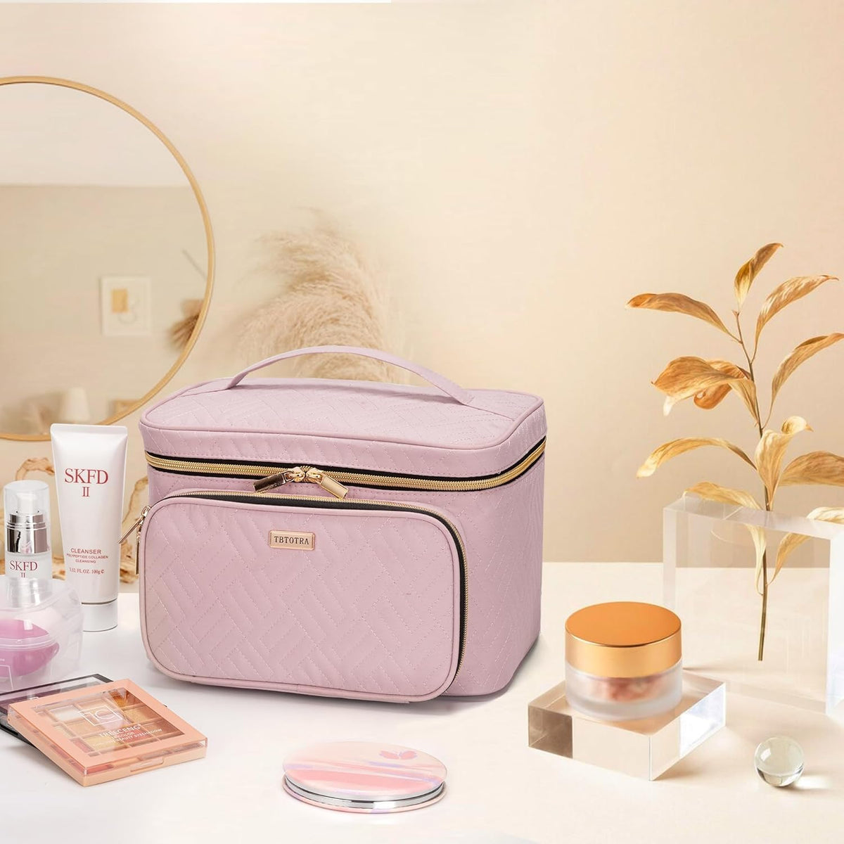 Travel Makeup Bag with Jewelry Organizer, Large Cosmetic Case, Waterproof Toiletry Bag for Cosmetics, Brushes, and Tools, Pink