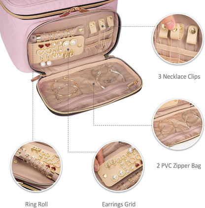 Travel Makeup Bag with Jewelry Organizer, Large Cosmetic Case, Waterproof Toiletry Bag for Cosmetics, Brushes, and Tools, Pink
