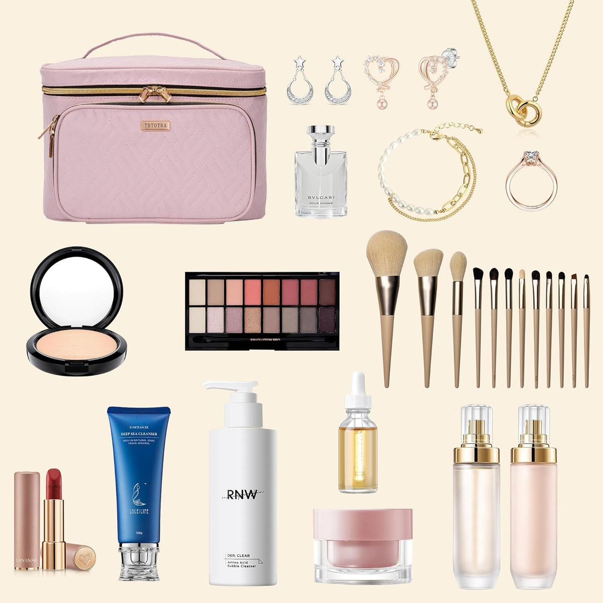 Travel Makeup Bag with Jewelry Organizer, Large Cosmetic Case, Waterproof Toiletry Bag for Cosmetics, Brushes, and Tools, Pink