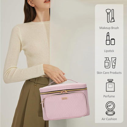 Travel Makeup Bag with Jewelry Organizer, Large Cosmetic Case, Waterproof Toiletry Bag for Cosmetics, Brushes, and Tools, Pink