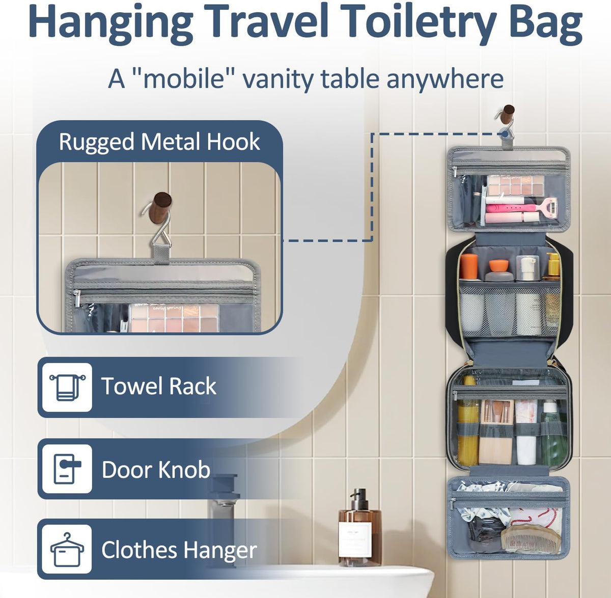 Travel Toiletry Bag for Women with Hanging Hook, Waterproof TSA Approved Cometic Toiletry Bag Organizers Leakproof Make up Bags for Women Blue