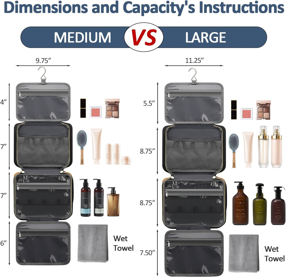 Travel Toiletry Bag for Women with Hanging Hook, Waterproof TSA Approved Cometic Toiletry Bag Organizers Leakproof Make up Bags for Women Blue