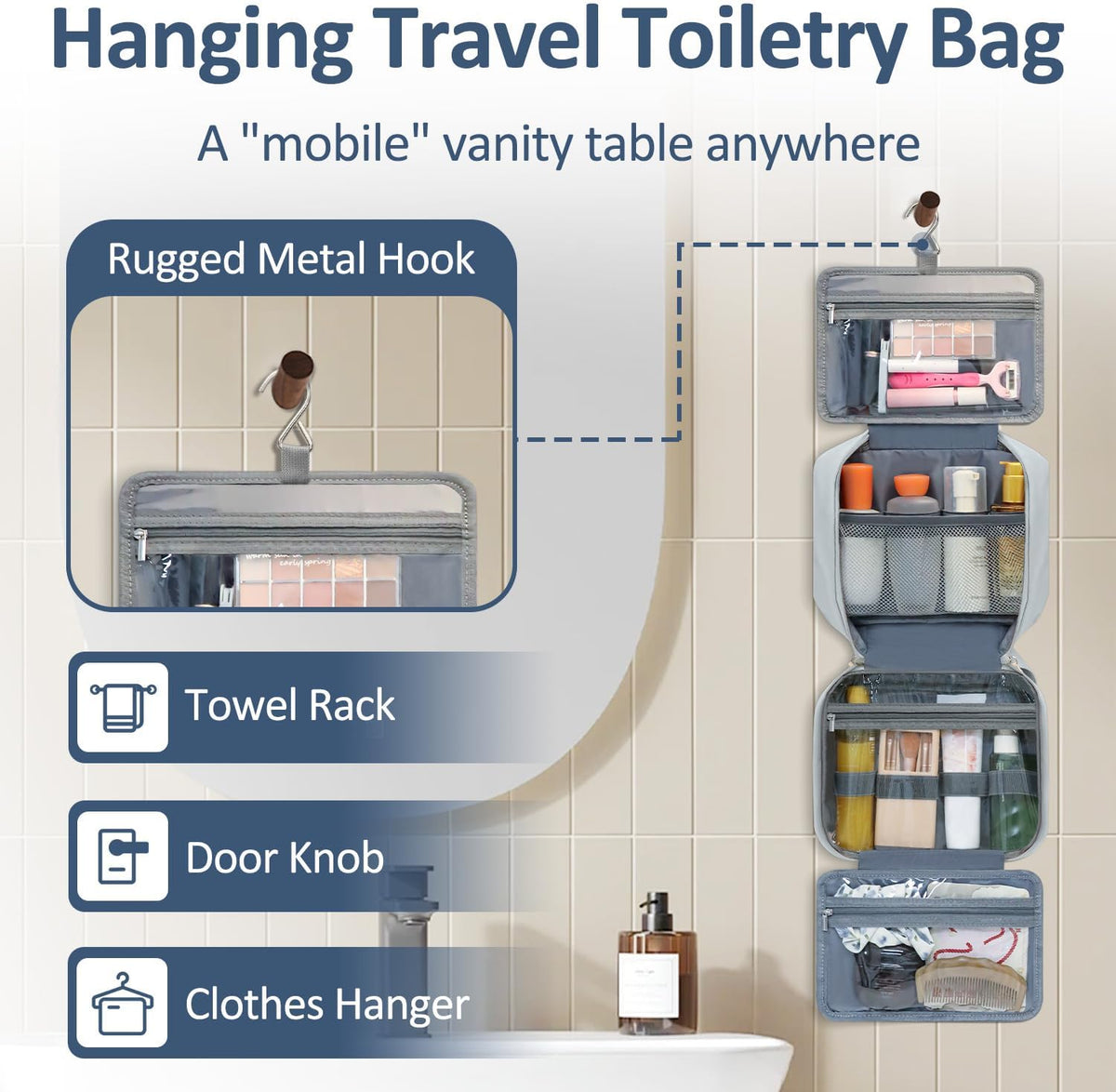 Travel Toiletry Bag for Women with Hanging Hook, Waterproof TSA Approved Cometic Toiletry Bag Organizers Leakproof Make up Bags for Women Blue