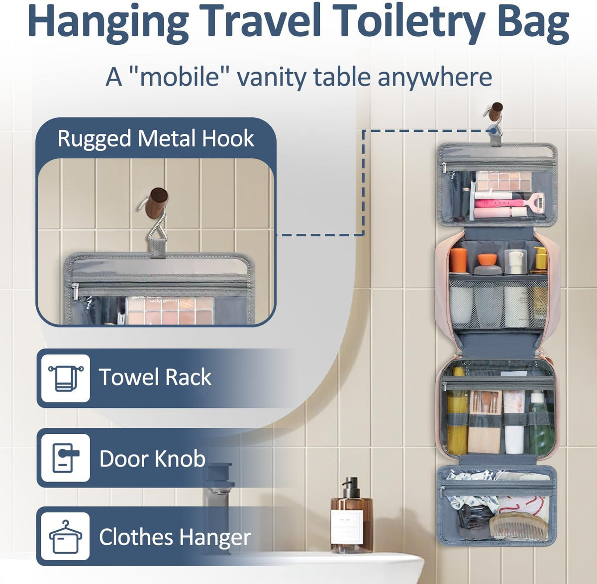 Travel Toiletry Bag for Women with Hanging Hook, Waterproof TSA Approved Cometic Toiletry Bag Organizers Leakproof Make up Bags for Women Blue