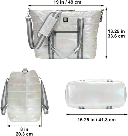 Women Tote Bag, Quilted Puffer Work Shoulder Bag with Laptop Compartment Trolley Sleeve, Large Puffy Travel Handbag