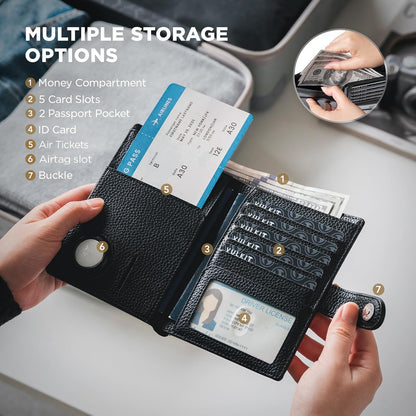 Leather Passport Travel Wallet for 2 Passports Pocket Slim Double Passport Holder RFID Blocking with ID Window for Women or Men