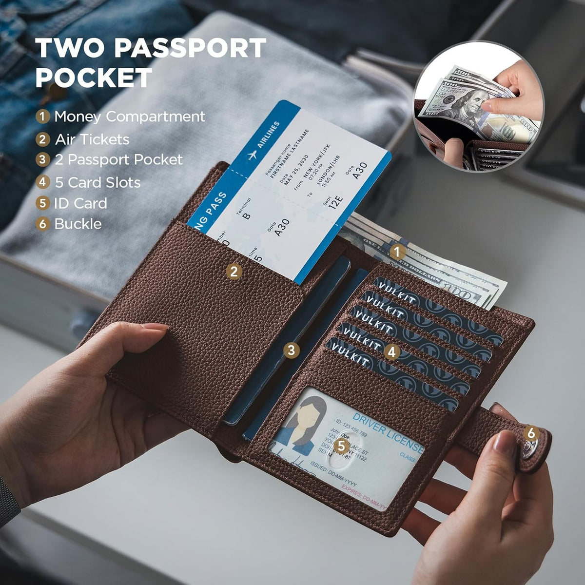 Leather Passport Travel Wallet for 2 Passports Pocket Slim Double Passport Holder RFID Blocking with ID Window for Women or Men