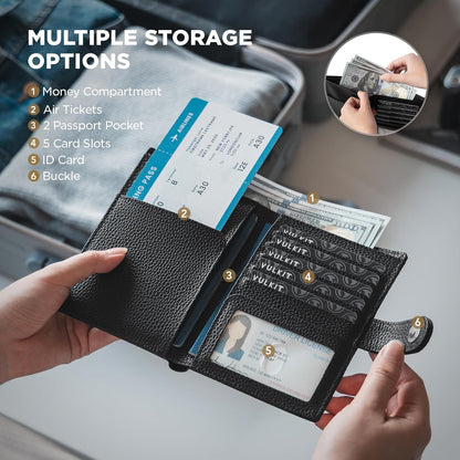 Leather Passport Travel Wallet for 2 Passports Pocket Slim Double Passport Holder RFID Blocking with ID Window for Women or Men
