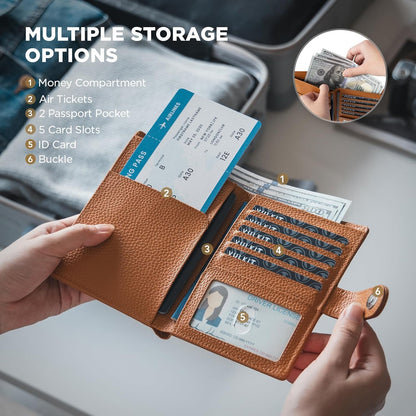 Leather Passport Travel Wallet for 2 Passports Pocket Slim Double Passport Holder RFID Blocking with ID Window for Women or Men