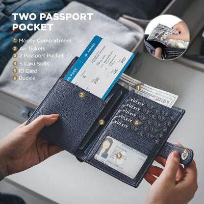 Leather Passport Travel Wallet for 2 Passports Pocket Slim Double Passport Holder RFID Blocking with ID Window for Women or Men
