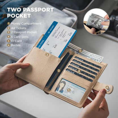 Leather Passport Travel Wallet for 2 Passports Pocket Slim Double Passport Holder RFID Blocking with ID Window for Women or Men