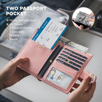 Leather Passport Travel Wallet for 2 Passports Pocket Slim Double Passport Holder RFID Blocking with ID Window for Women or Men