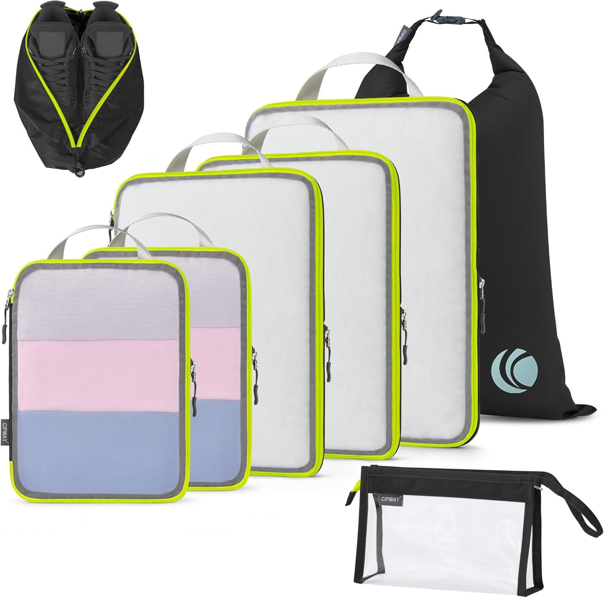 Compression Packing Cubes Mesh, Lightweight Luggage Organizer Bags with Laundry Bag, Toiletries Bag and Shoe Bag, Travel Essentials for Carry on Suitcase（,Black）