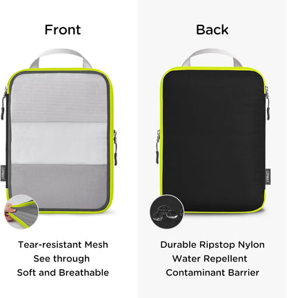 Compression Packing Cubes Mesh, Lightweight Luggage Organizer Bags with Laundry Bag, Toiletries Bag and Shoe Bag, Travel Essentials for Carry on Suitcase（,Black）